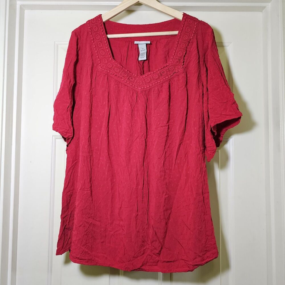 Catherine's Women’s Top Red Square Neck Crochet Lace Trim Short Sleeve Size 1X